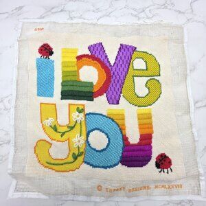 Vintage 1970s Sunset Design I LOVE YOU Completed Needlepoint 14x14 Pillow Framed